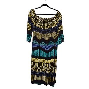 Ashro Womens Midi Dress Sz 18 Smocked Ethnic Geometric Black Blue Yellow Boho